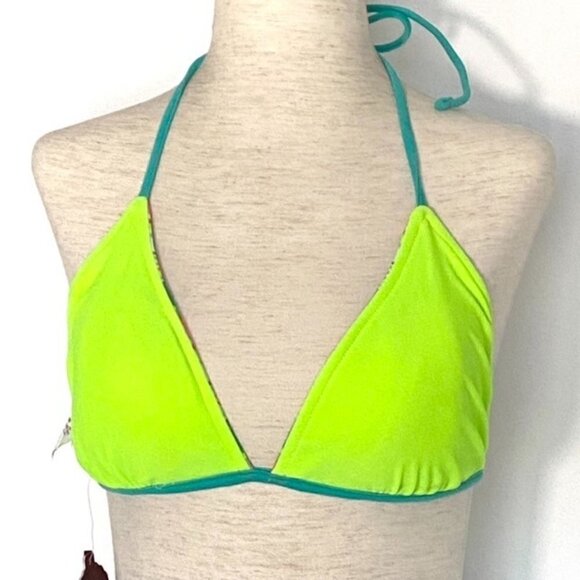 Reversible Triangle Bikini Swimsuit Halter Top Juniors Sz L Chevron Neon Green - Picture 2 of 16